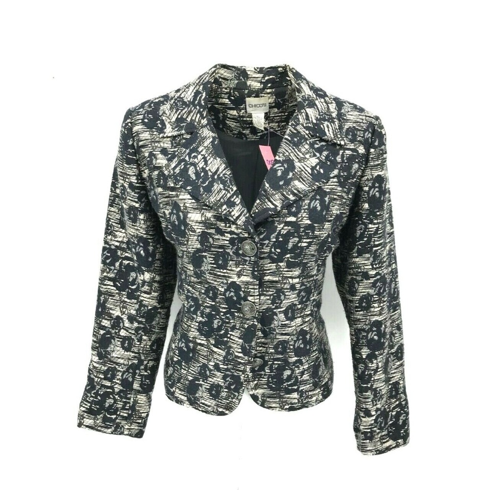 Chico's Triple Button Collared Floral Blazer Sz 8